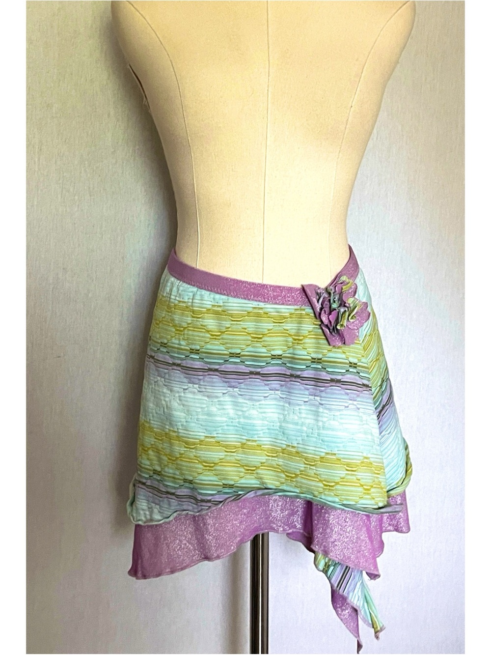 Vintage Y2K Floral Pastel Asymmetric Layered Mini Skirt Pink Mint Made in USA
